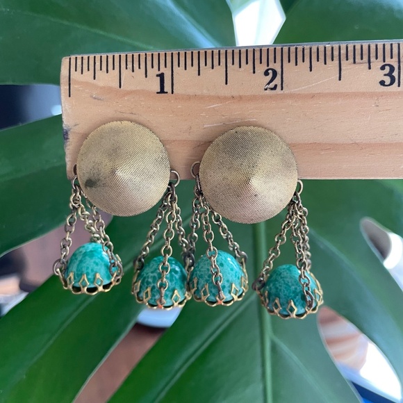 Jewelry - VTG Clip-on Midcentury Boho Earrings with Gold Tone Chain and Czech Art Glass